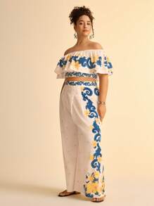 CAJUNI 大码女式波西米亚风格花卉印花荷叶边露肩短款休闲上衣，非常适合海滩和度假 - 彩色 - 查看 5