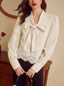 Vintamour 女式复古优雅刺绣撞色蕾丝 V 领蝴蝶结长袖衬衫，办公室商务装夏季度假乡村音乐会外出上衣
