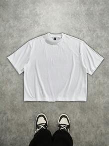 Manfinity EMRG 街头休闲红色标语印花白色针织短款图案T恤 - 白色 - 查看 4