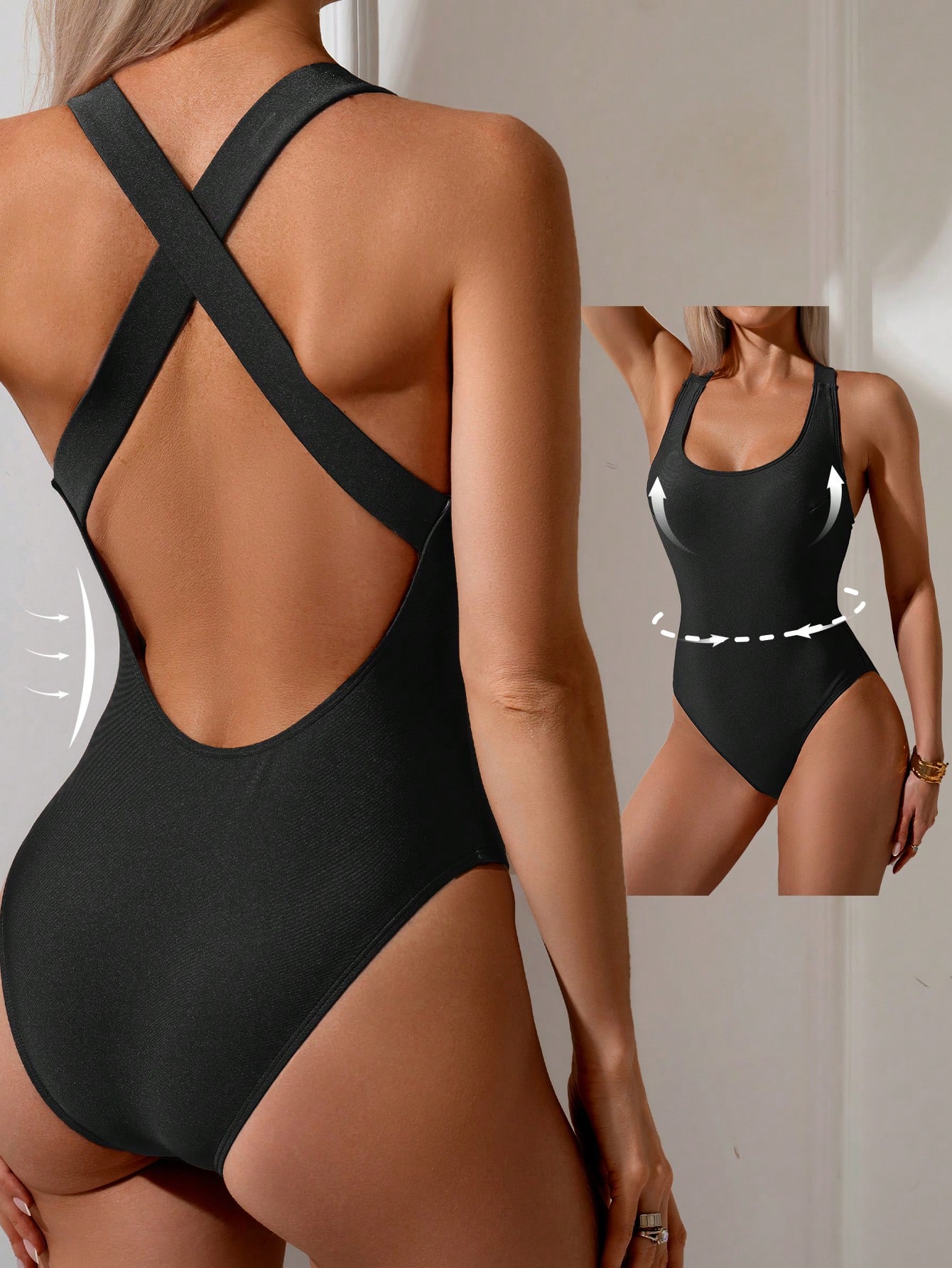 Swim Basics Maiô Feminino Novo de Uma Peça com Costas Cruzadas e Alça Racer, Maiô de Competição Emagrecedor de Uma Peça - Preto - Visão 1