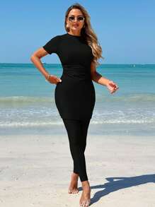 Swim Shayni 2 pièces Ensemble d'été pour femmes, Top à col rond à manches longues et pantalon ajusté, tenue de plage conservatrice