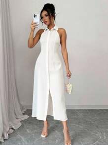 SHEIN Unity Textured Plain Color Shirt Collar City Commuting Women Long Dress - White - View 1