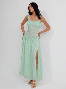 Roylia Women's Elegant Romantic Jacquard Solid Green Sexy Long Slit Slip Dress With Ruffle Hem - Green - View 4