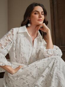 Anewsta Hollow Solid Color Waist Belt Front Button Elegant Dress