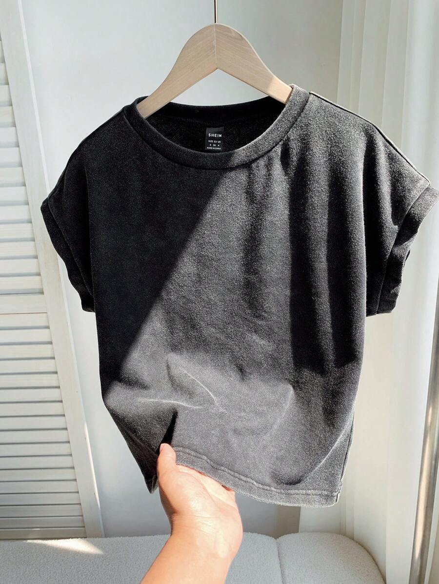 Comfortcana 女式黑色针织休闲圆领短袖T恤，百搭夏季 - 黑色 - 查看 1