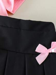 SHEIN 女童休闲短袖蝴蝶结装饰粉色 T 恤和米色百褶裙套装，儿童夏季学校风格服装 - 粉色 - 查看 6