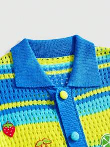 ROMWE MEN Casual Men's Vacation Embroidery Pattern Loose Knit Shirt Short Sleeve Top - Blue - View 3