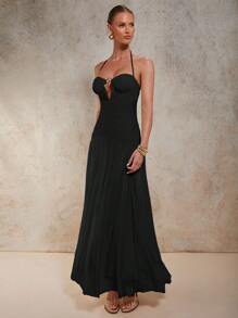 Váy hở lưng không tay cho nữ có chi tiết vòng kim loại, màu trơn, thời trang mùa hè - màu đen - Xem 3