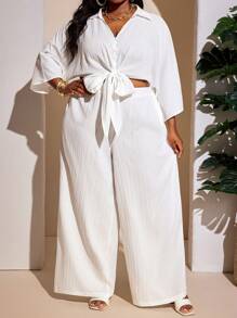 SHEIN CURVE+ 大码 2025 百搭白色百搭休闲装，性感/简约短款系腰上衣和直筒裤套装女士沙滩装/沙滩裙/沙滩度假装/沙滩必备品/毕业/茶会礼服，2 件夏季服装夏季/乡村/海滩度假装/沙滩装/沙滩装 - 白色 - 查看 4