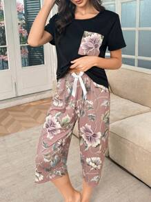 SHEIN SHEIN Lounja Blumen Muster Patchstreifen-Taschen-Kurzarmhose 3/4 Länge Pyjama Set