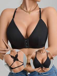 SHEIN Casual Ribbed Solid Unlined Front Button Hollow Back Bowknot Decor Seamless Wireless Bra For Women - Black - View 3