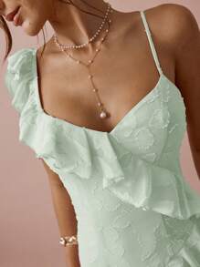 Enchnt Vestido de mujer con hombro asimétrico de volantes y bajo asimétrico de unicolor - verde menta - Ver 4