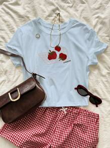 INAWLY 女士休闲水果印花圆领短袖短款上衣 T 恤