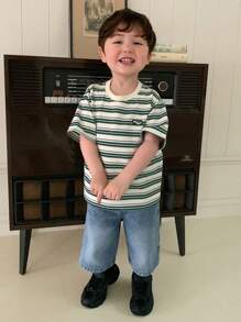 Hapijoa Áo thun tay ngắn họa tiết da sọc cổ tròn thường ngày cho bé trai - màu xanh lá - Xem 3