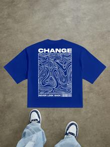 Manfinity Homme Contour Line Streetwear Slogan Print Loose Fit Men's Cropped T-Shirt - Blue - View 1