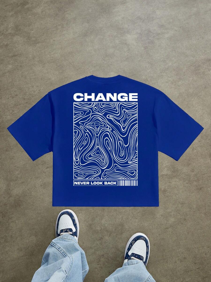 Manfinity Homme Contour Line Streetwear Slogan Print Loose Fit Men's Cropped T-Shirt - Blue - View 1