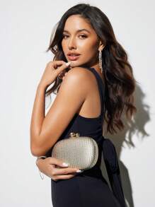 SHEIN BAE 时尚优雅的金色草编铁艺框架手拿包 - 杏色 - 查看 4