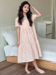 Dazy Kids 女童花卉印花圆领短袖家居服连衣裙，加大码，夏季 - 粉色 - 查看 4