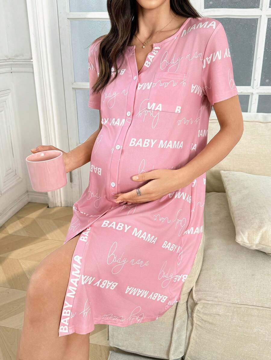 Moonlight&Mama 女士休闲字母印花 V 领单排扣宽松短袖孕妇睡袍 - 粉色 - 查看 1