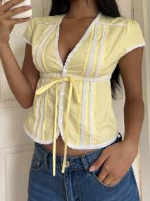 SHEIN EZwear Casual Women's Cotton Blouse With Contrasting Lace Trim, Butter Yellow,Summer Cute Top - Yellow - View 3