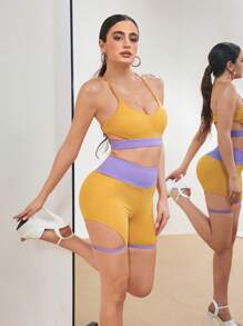 Menodora SHEIN Sport Contrasting Color Hollow-Out Elastic Waist Summer Fitted Sports Shorts Polewear Booty Short - Yellow - View 7