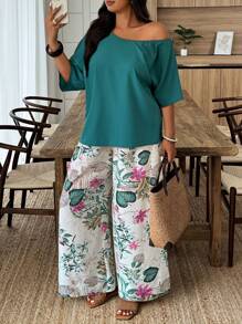 Weeklong Conjunto informal/de vacaciones de 2 piezas de talla grande con estampado aleatorio