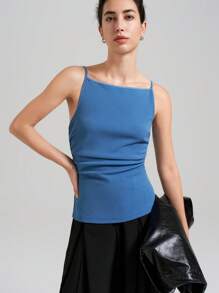 Ontre 2025新款斯德哥尔摩风格女教师蓝色吊带背心，秋季休闲商务百搭无袖上衣，可调节肩带简约纯白色吊带背心，适合早餐、商务休闲、复古 - 藍色 - 查看 1