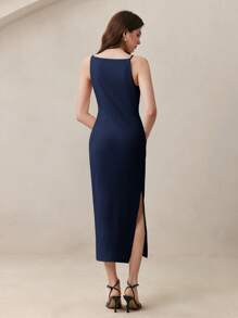 BizChic 2025 海军蓝细肩带褶饰腰侧开衩浪漫优雅日常百搭商务休闲连衣裙女士