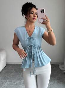 Selianne 女士优雅 V 领无袖分层蝴蝶结腰带 A 字型简约纯色背心，适合春夏季 - 藍色 - 查看 4