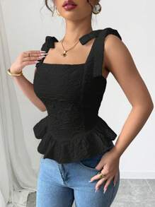 Elenzga White Jacquard Cropped Square Neck Top With Tying Strings