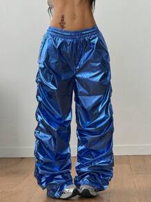 Coolane Y2K 银色 PU 涂层阔腿降落伞裤，松紧腰，有口袋 - 藍色 - 查看 2