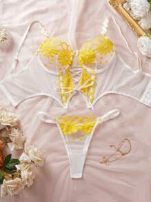 SHEIN 2pcs/Set Lace-Up Lace Patchwork Sheer Camisole Set, Sexy Lingerie - Yellow - View 4