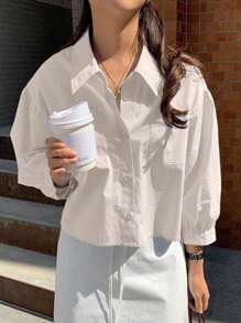 Jouncy Women's Single Breasted Pocket Casual Loose Short Long Sleeve Blouse