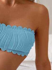 SHEIN Swim Bộ đồ bơi đi biển mùa xuân 2 món, Bikini hở lưng màu trơn có viền vỏ sò & thiết kế buộc dây hở lưng, đồ bơi mùa hè cho nữ - Màu xanh lam - Xem 4