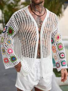 Manfinity RSRT Men's Knit Sweater Long Sleeve, Fashionable For Summer Crochet - White - View 7