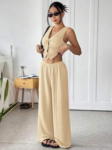 SHEIN EZwear 卡其色纹理针织吊带背心和裤子套装，度假装，夏季 - 卡其色 - 查看 4