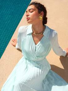 ZEYLAH 插肩袖百褶休闲连衣裙，简约时尚，适合夏季 - 綠色 - 查看 10