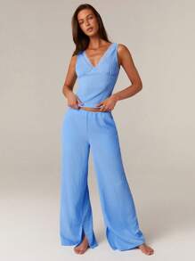 Athîral Damski letni swobodny, jednokolorowy, koronkowy top bez rękawów - Niebieski - Zobacz 2