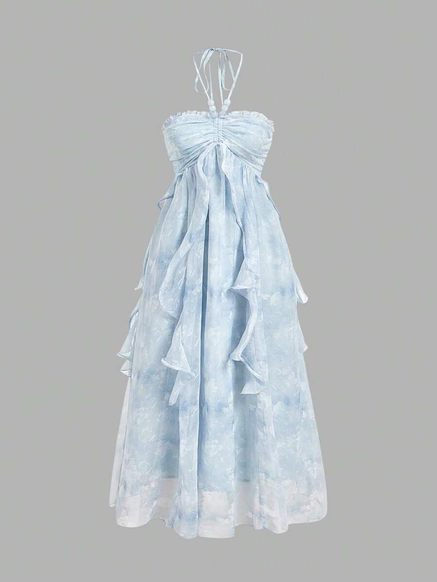 SHEIN MOD 蓝色荷叶边领口节日连衣裙