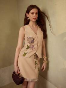 MOTF PREMIUM VÁY LINEN IN HOA CÓ VÒNG TUA RUA - Màu Khaki - Xem 5