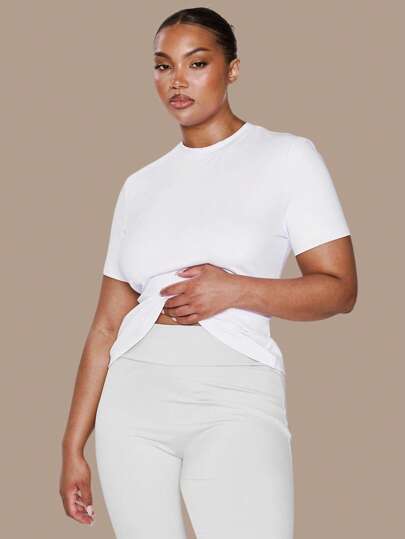 MUSERA Plus Short Sleeve Fitted Longline Stretchy T-Shirt Spring, Vacation, Summer, Holiday, Elegant, Casual Fall Winter