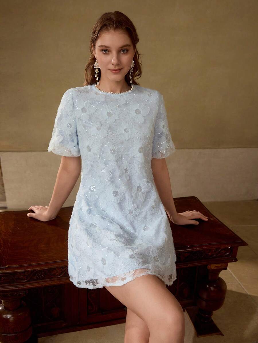 MOTF PREMIUM FAUX PEARL TRIM EMBROIDERY DRESS - Blue - View 2