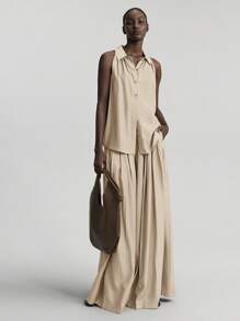 Ontre 2 件套女士度假风格套装，羊毛混纺人造丝材质芥末黄无袖翻领衬衫和阔腿裤套装，百搭 2025 年春夏新品