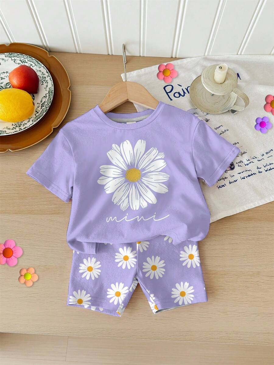 SHEIN 2pcs/Set Toddler Girls Daisy Pattern Casual Home & Outdoor Short Sleeve T-Shirt And Shorts Set, Suitable For Summer