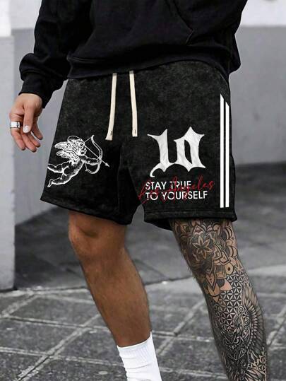 Street Life Pantalones cortos casuales de hombre con cintura elástica, cordón y estampado de rayas y letras