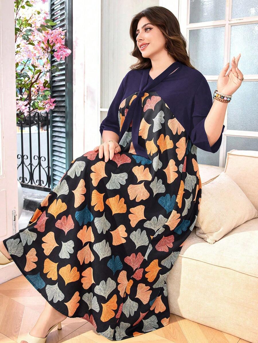 Lacomfia Vestido largo con cintura entallada, estampado de hojas y patchwork, talla grande - Morado - Ver 1