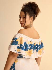 CAJUNI 大码女式波西米亚风格花卉印花荷叶边露肩短款休闲上衣，非常适合海滩和度假 - 彩色 - 查看 2