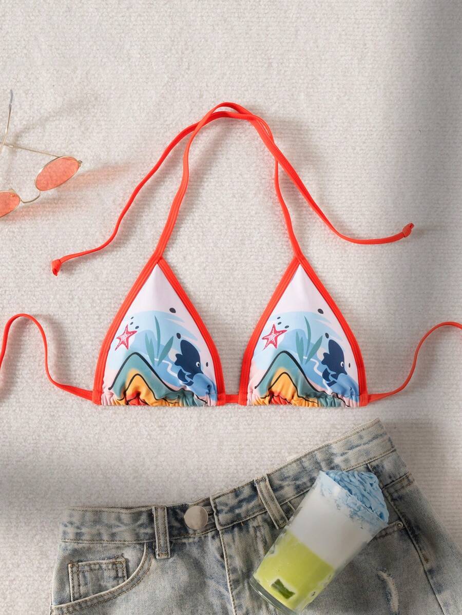 SHEIN Swim Starfish Print Contrast Binding Halter Triangle Bikini Top For Summer Beach Vacation - Multicolor - View 1