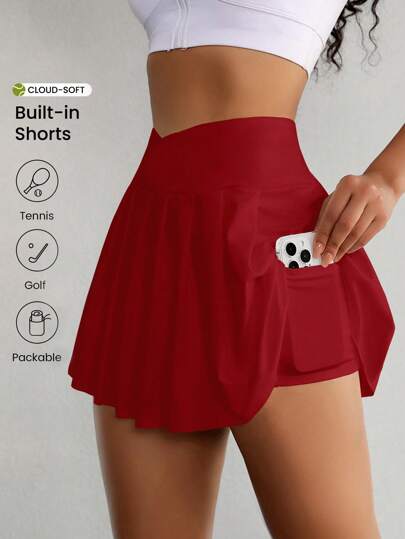 Easithlete 女式纯色不对称腰带口袋运动短裙