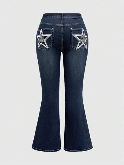 Grunge Punk Jeans mit Schlag und Sterne Stickereien in Große Größen mit Taschen